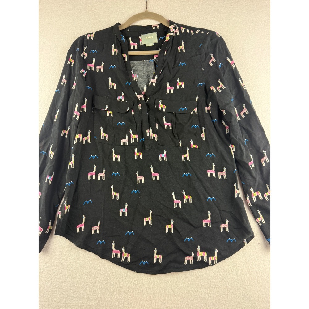 Maeve Anthropologie Black Llama Mountain Print Rayon Blouse Top Size 2